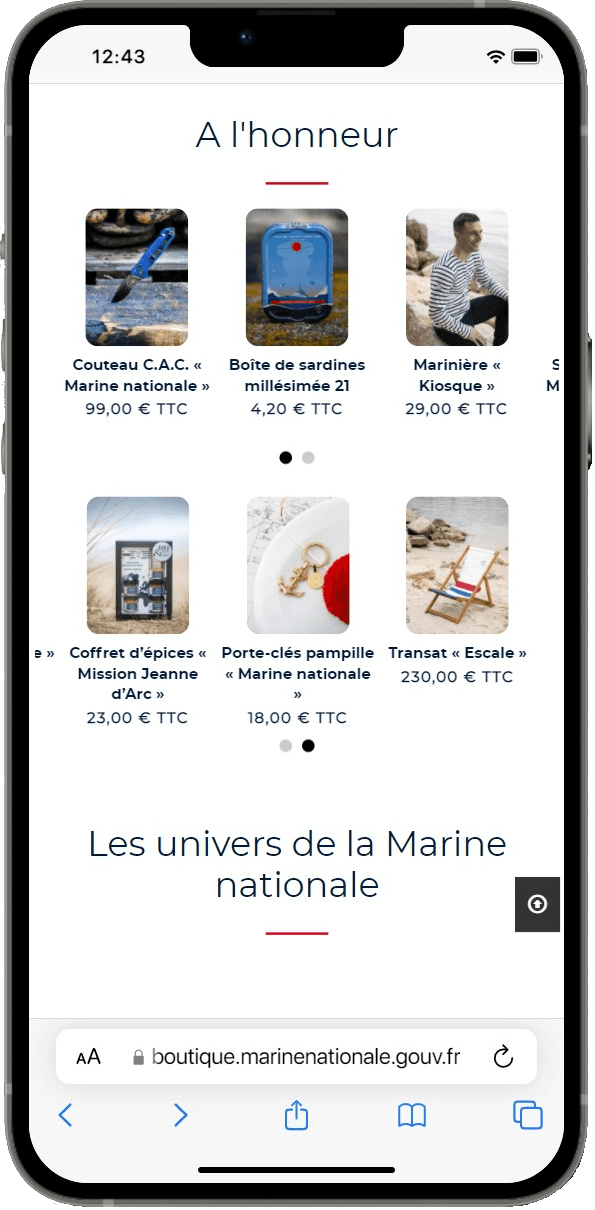 Aperçu de la version mobile de la Boutique en Ligne Marine nationale